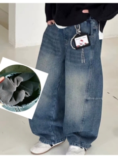 25冬装 哈比诺女童加绒牛仔裤 休闲裤 中大童儿童宽松老爹裤 弯刀裤