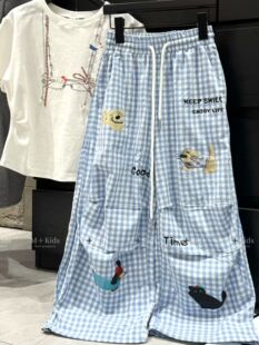 清仓捡漏女童夏薄裤子2026夏装新款中大童格子格子长裤纯棉卡通