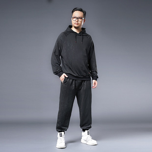 加肥加大宽松胖人休闲装抽绳弹力大码运动套装男春秋长袖卫衣套服