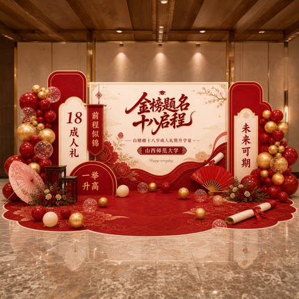 成人礼升学宴中式红金美陈效果图PSD素材 金榜题名活动背景板