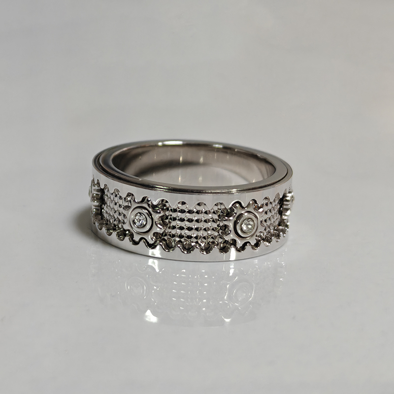 时来运转925银齿轮戒指男女情侣纯银镀白金360旋转机械满珠纹指环