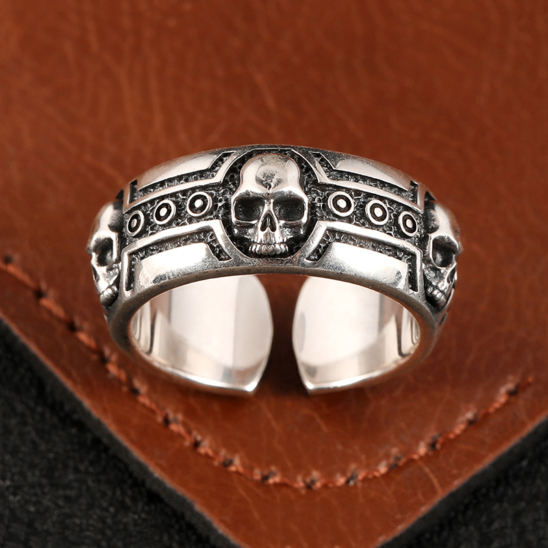 潮流复古S925纯银骷髅头开口戒指