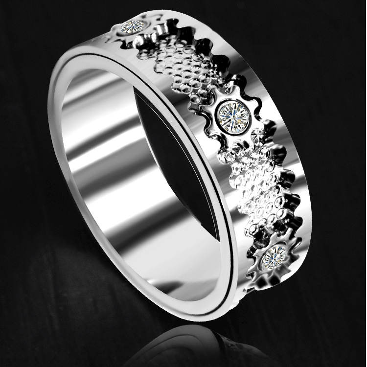 嘻哈S925纯银镀白金齿轮转动戒指