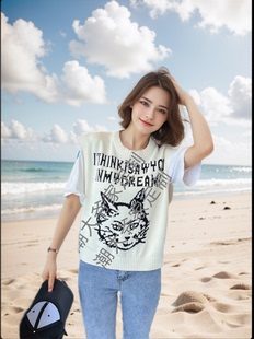 2024春夏新款百搭通勤时尚嵌花无袖白色字母猫咪图案圆领针织背心