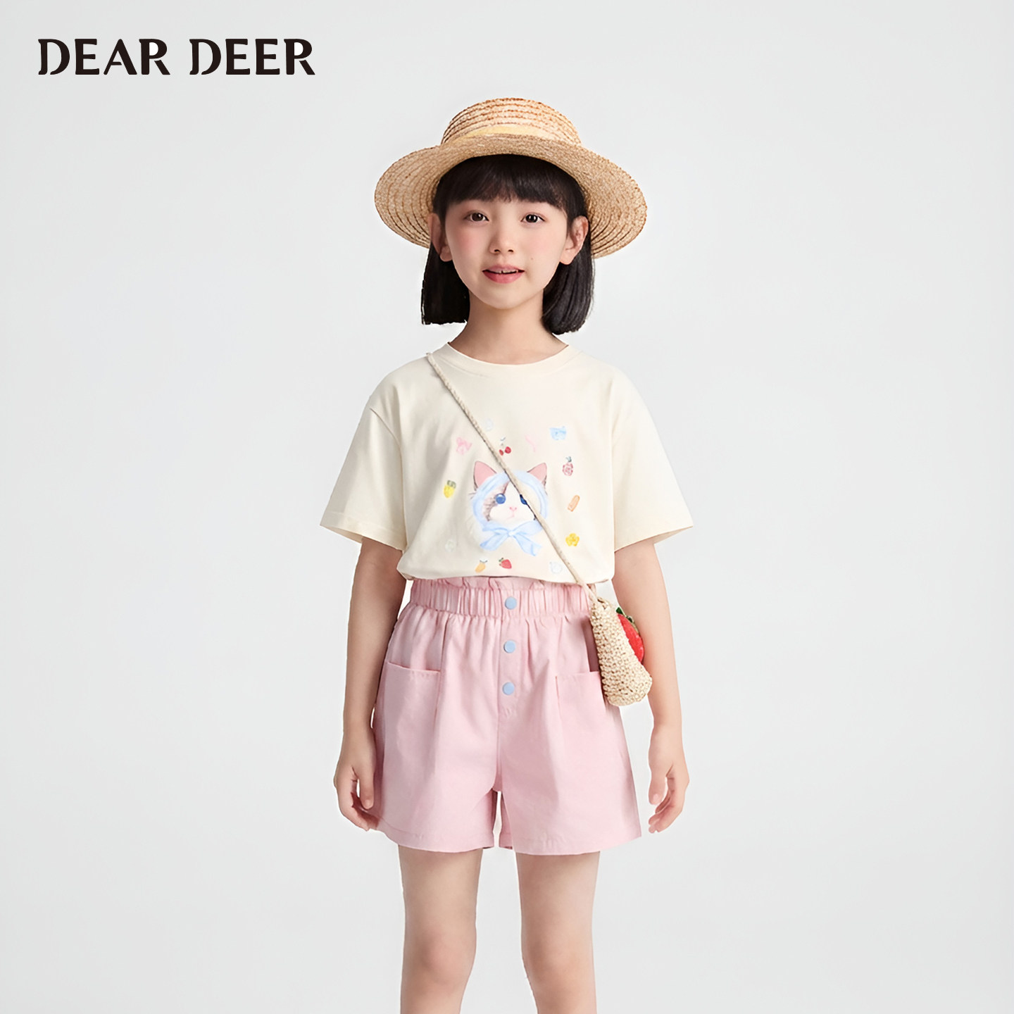 迪迪鹿女大童短袖T恤2026夏季新款儿童圆领上衣卡通猫咪印花T恤衫