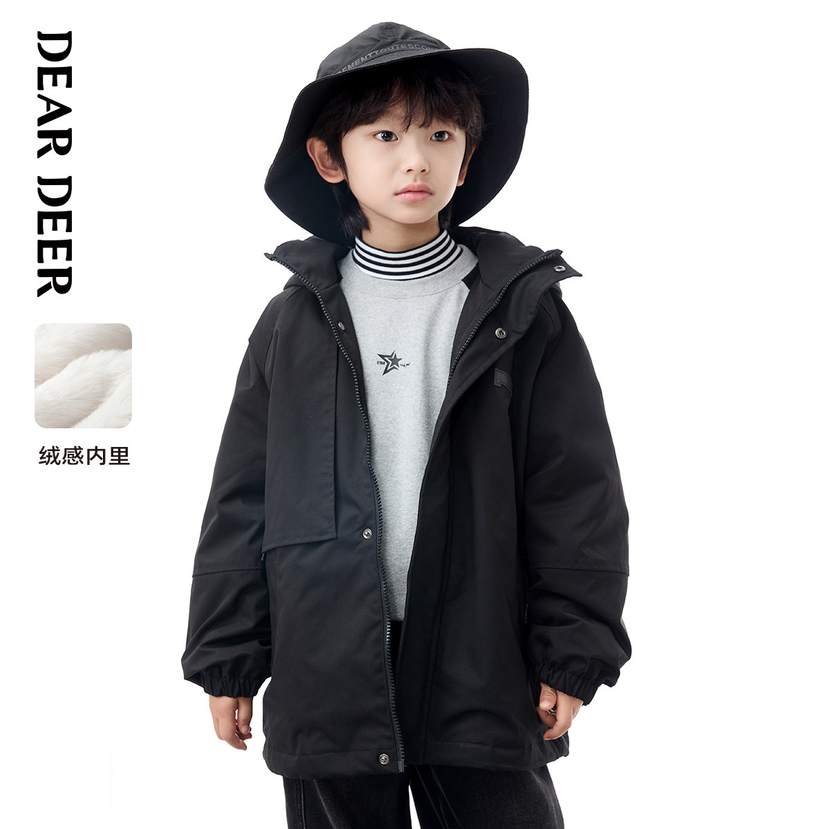 迪迪鹿男童外套冬季款加厚加绒上衣儿童防风保暖外套连帽工装夹克