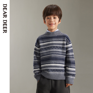 【门店同款】迪迪鹿男童毛衣2025冬季新款几何图案圆领加厚针织衫