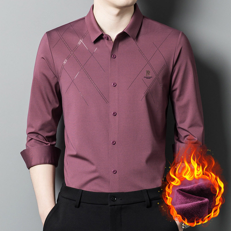 红色喜公公无痕加绒长袖衬衣中年男爸爸穿的衬衫结婚礼服婚宴正装