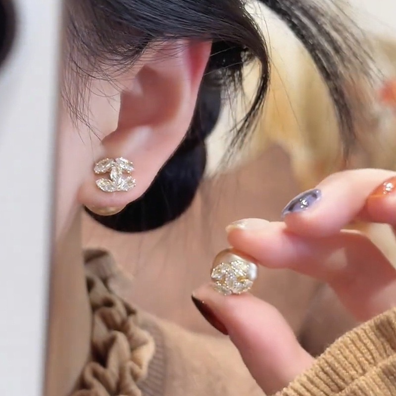 小香风锆石双C耳钉女小众设计感气质时尚精致名媛风百搭两戴耳环