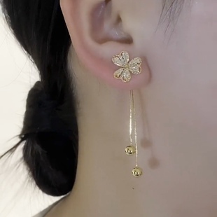 s925银针韩国镶钻三叶花两戴流苏耳环2025年新款 网红轻奢耳钉耳饰