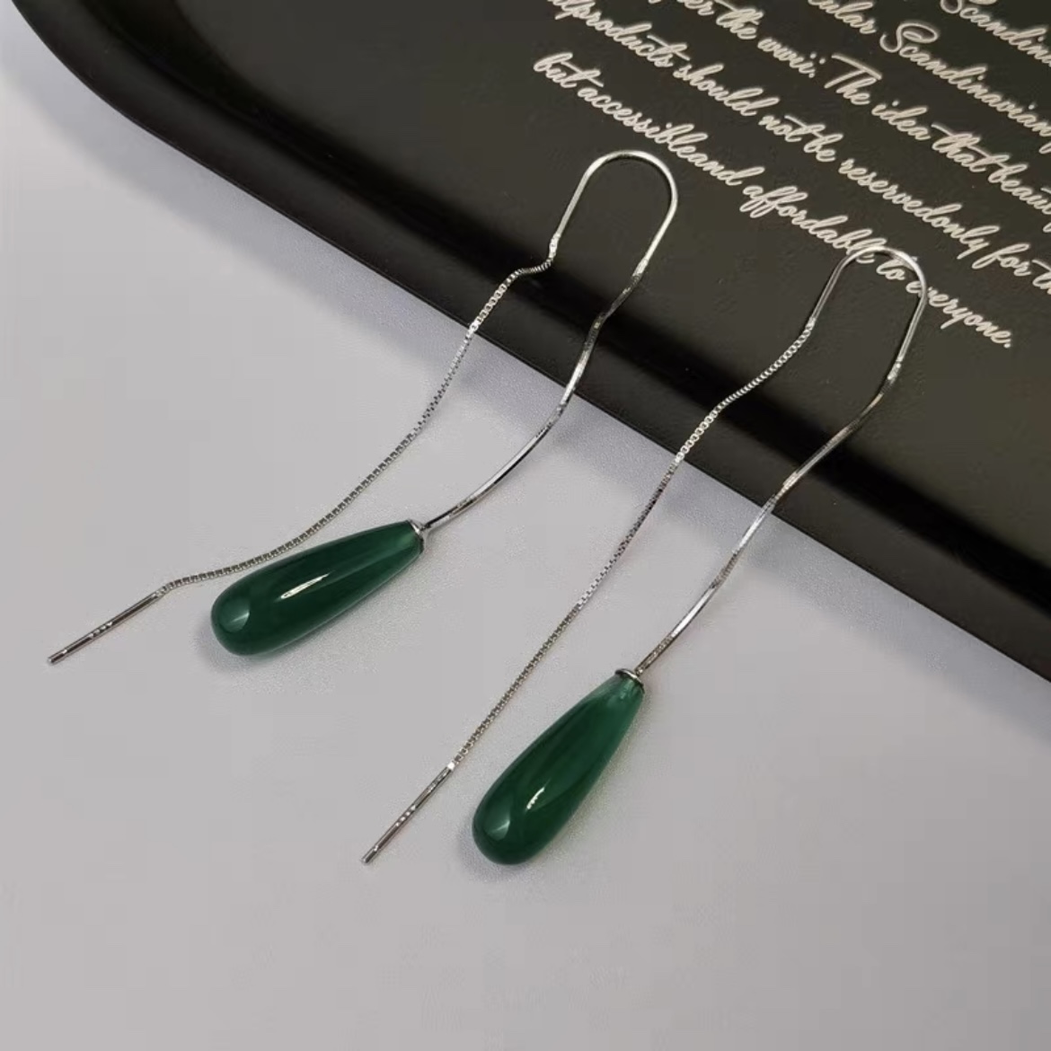 国风显瘦脸耳坠绿玉髓猫眼水滴耳环S925纯银防丢耳线气质简约复古