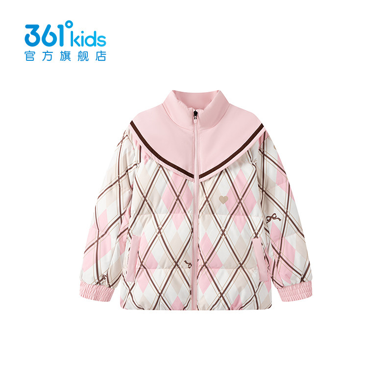 361度菱格纹短款羽绒服女童2026冬季小香风粉色棉服外套K62544901