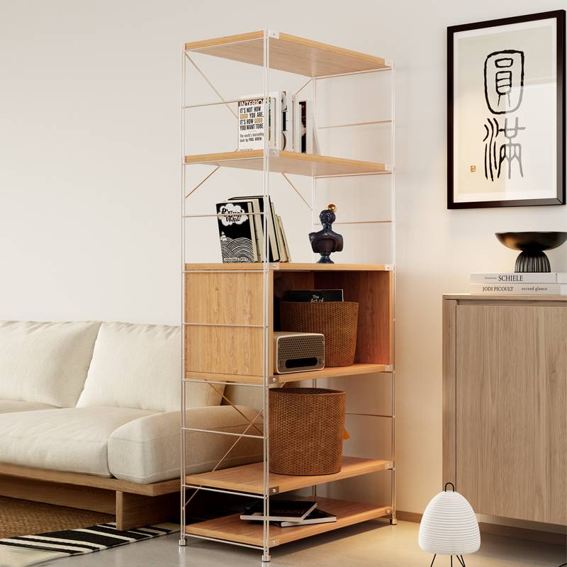 沃麦家日式书架不锈钢极简落地层板置物架客厅书房办公室隔断书柜