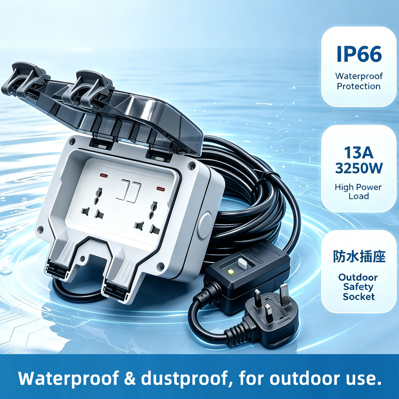 IP66英标13A户外防水拖板长线
