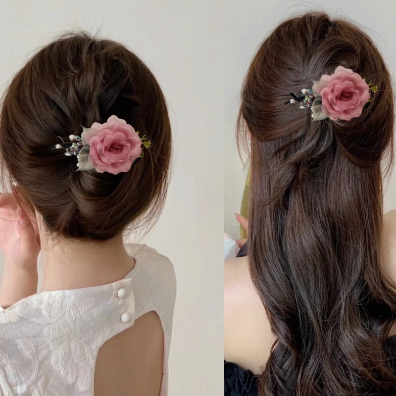 发夹女后脑勺妈妈马尾夹横夹韩国头花扭扭夹 盘发 淑女绢纱发饰品