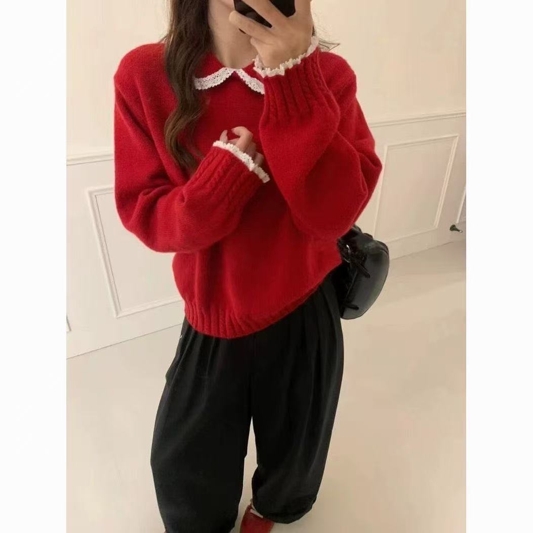 蕾丝边娃娃领软糯毛衣女