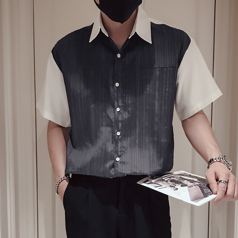 T71-P58拼接男士短袖衬衫潮牌潮流夏季痞帅男装设计感小众半尖领，男装衬衫，电商A257