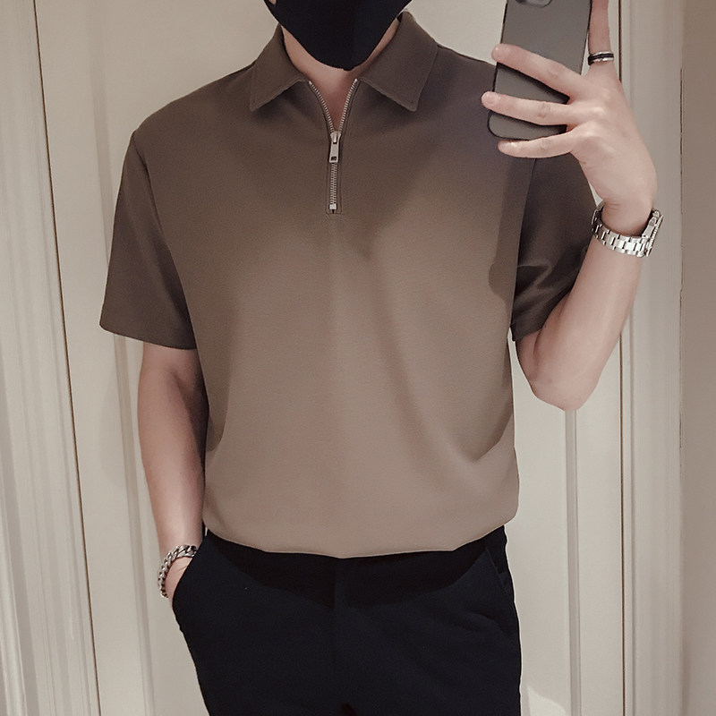 T40-P48 夏季半拉链T恤男短袖POLO衫白色夏装男装痞帅衣服7图片