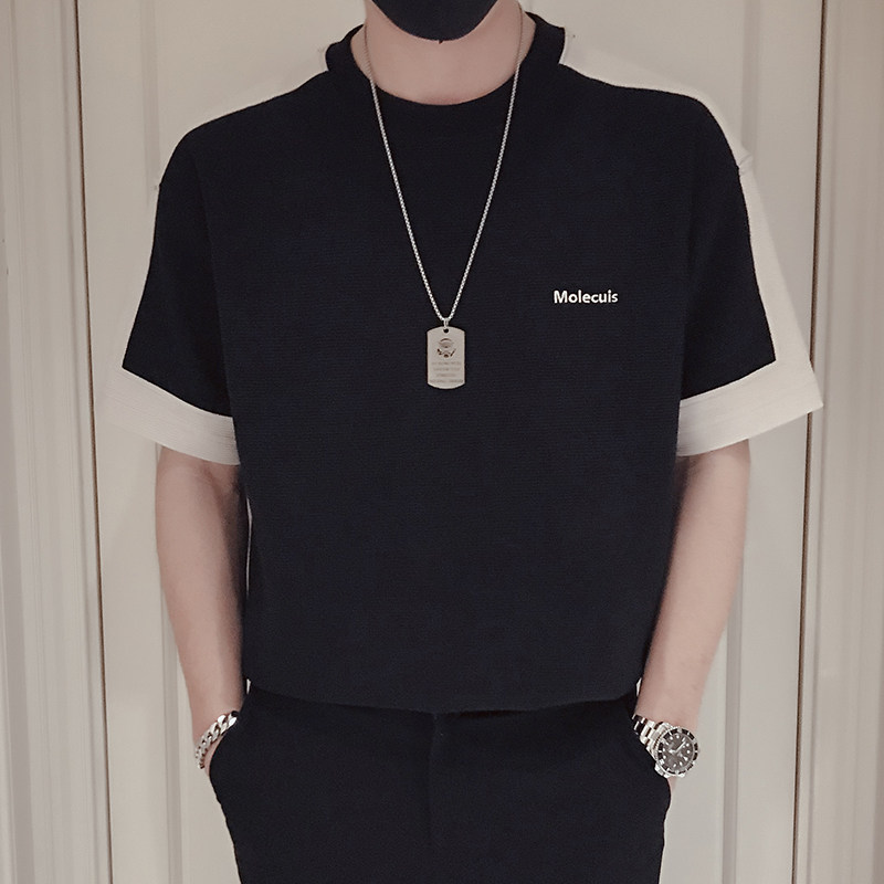 T41-P58夏季黑色短袖t恤男2023新款拼接男装上衣潮牌衣服痞帅,男装T恤,电商A257