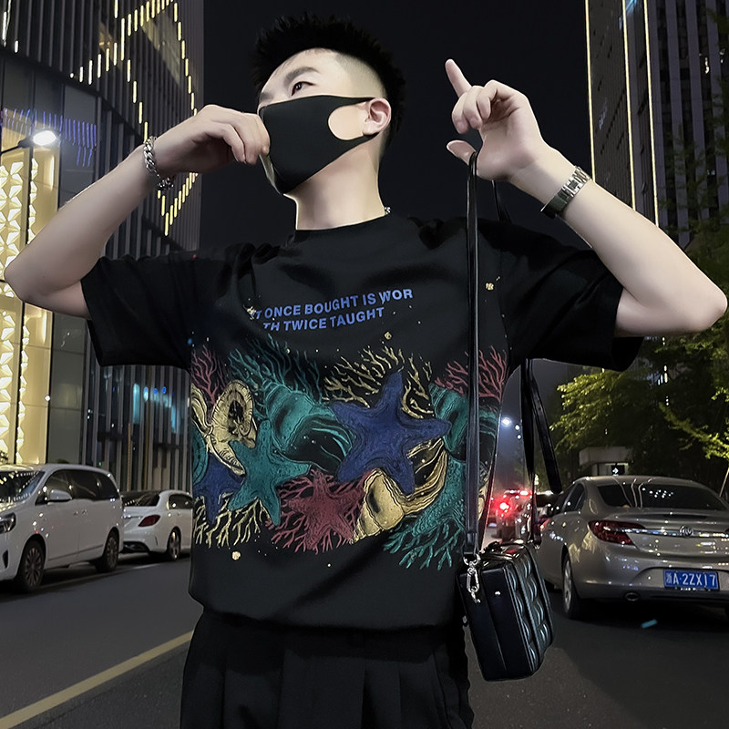 X51-P58美式涂鸦T恤男重磅短袖彩印2024新款夏季男装上衣痞帅气1,男装T恤,电商A257