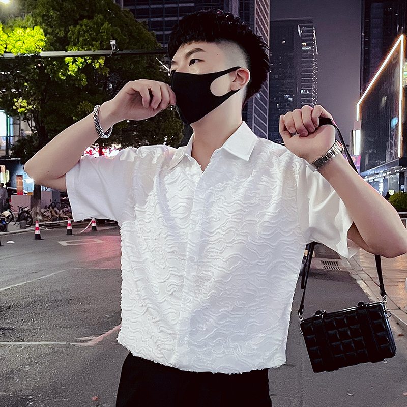 T75-P58夏季时尚个性条纹高级感夜店短袖衬衫穿搭时尚潮牌上衣2，男装衬衫，电商A257