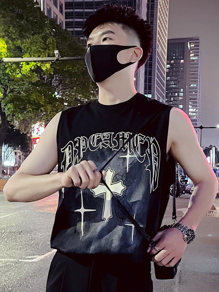 T81-P45小圆领无袖T恤夏季黑色痞帅背心潮牌坎肩纯棉上衣马甲1,男装背心/马甲,电商A257
