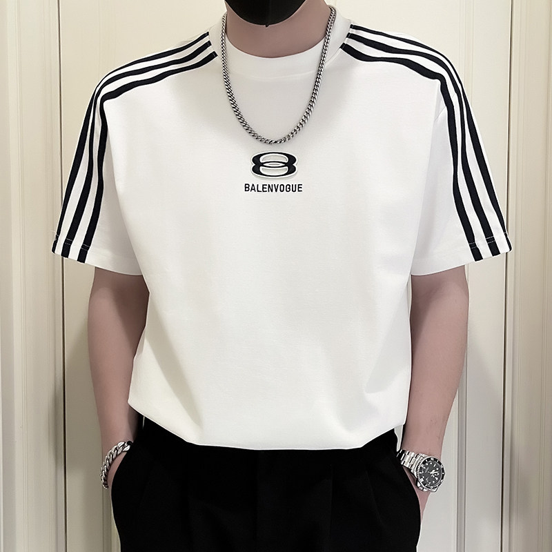 X27-P58侧边条纹短袖T恤男夏季圆领2024新款男装上衣潮牌痞2，男装T恤，电商A257