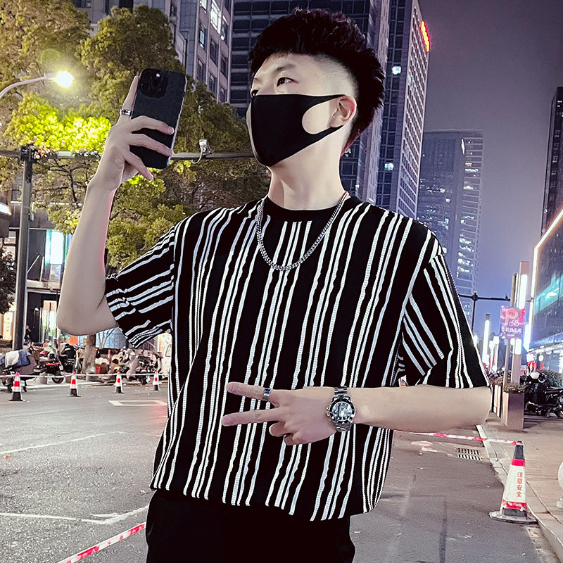 T53-P55条纹短袖夏季男款冰丝T恤七分袖男轻熟风潮牌圆领重磅,男装T恤,电商A257