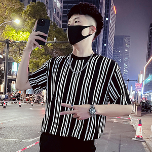 T53-P55 条纹短袖夏季男款冰丝T恤七分袖男轻熟风潮牌圆领重磅图片