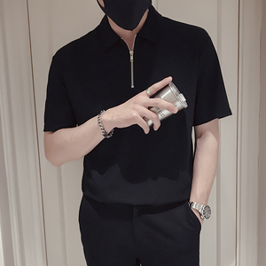 T40-P48夏季半拉链T恤男短袖POLO衫白色夏装男装痞帅衣服3