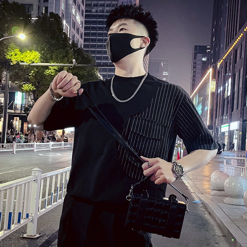 T35-特P48 拼接条纹T恤男夏季短袖2023潮流男装休闲个性ins潮牌图片