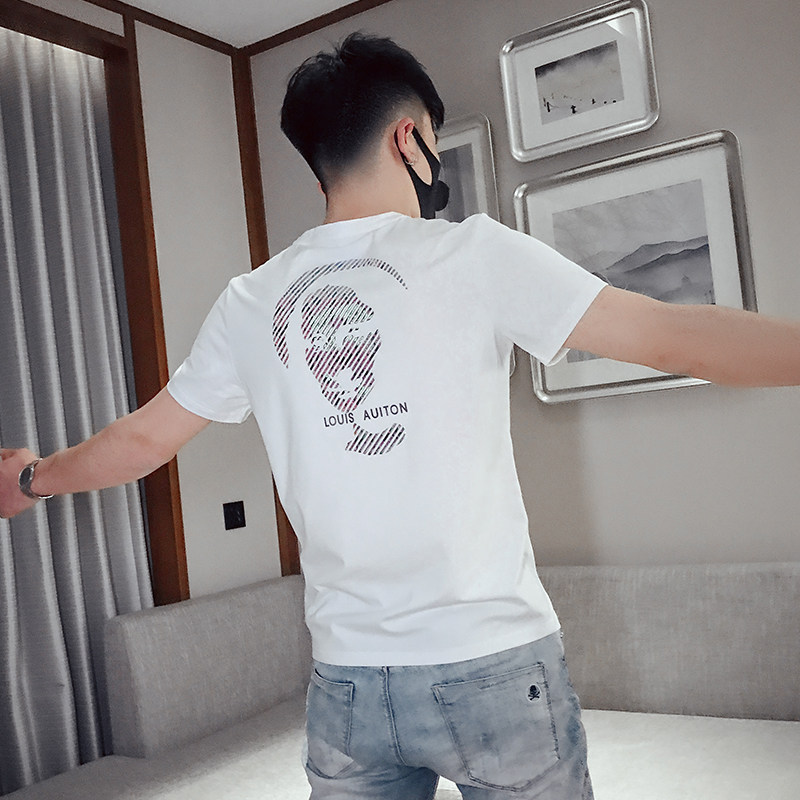 T26-P45 2021夏季潮流短袖男修身时尚百搭个性印花体恤3图片