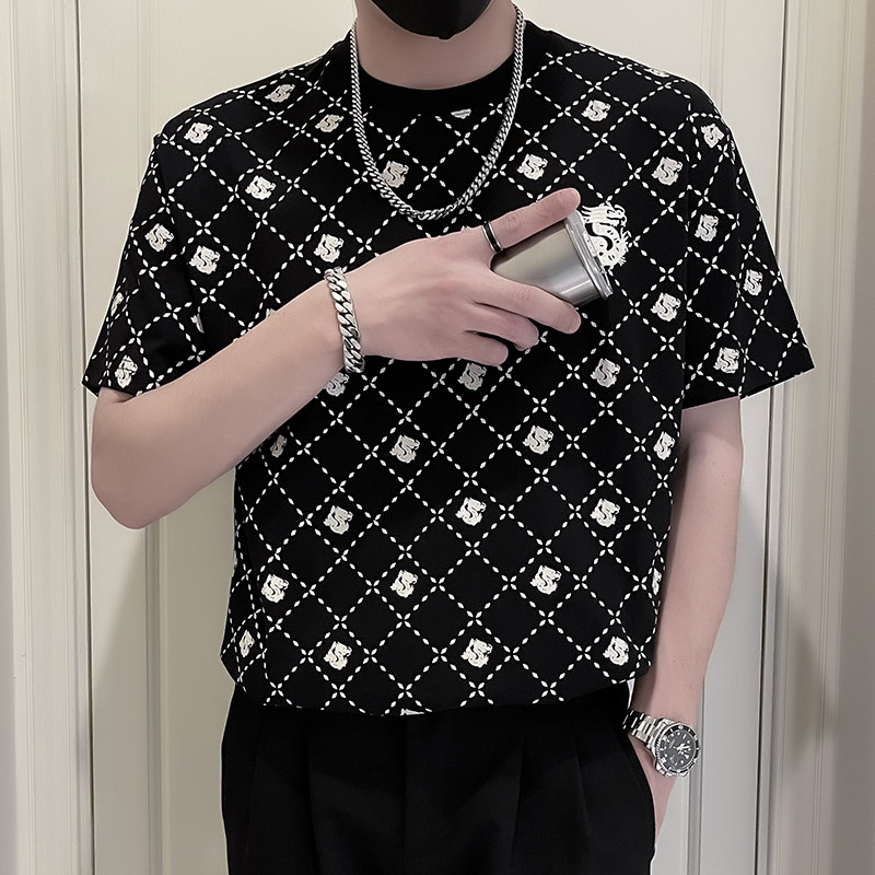 X33-P58夏季潮牌格子T恤男短袖潮流痞帅2024新款男装上衣服薄款,男装T恤,电商A257