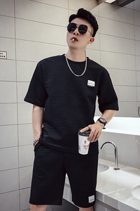 M88 网红潮牌超火华夫格夏季两件时尚套装2021潮流帅气男装图片