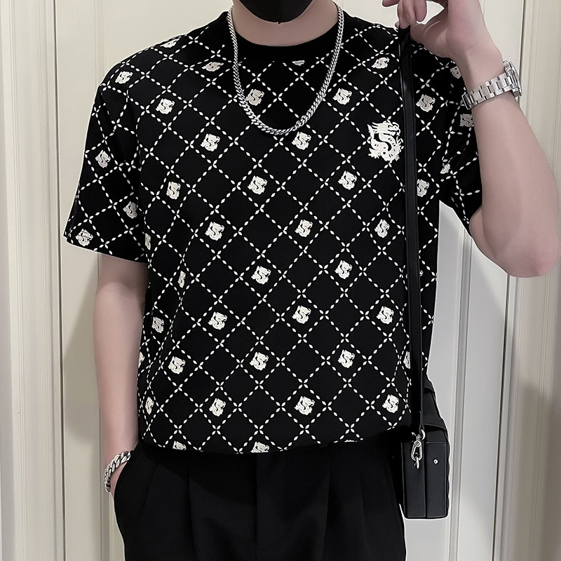 X33-P58夏季潮牌格子T恤男短袖潮流痞帅2024新款男装上衣服薄款,男装T恤,电商A257