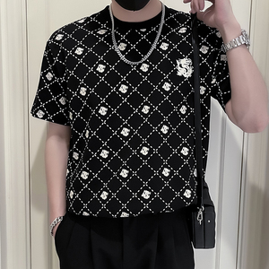 X33-P58 夏季潮牌格子T恤男短袖潮流痞帅2024新款男装上衣服薄款1图片