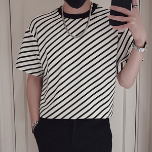 T60-P55 黑色条纹T恤男潮牌痞帅炸街夏季2023新款男装重磅短袖3,男装T恤,电商A257