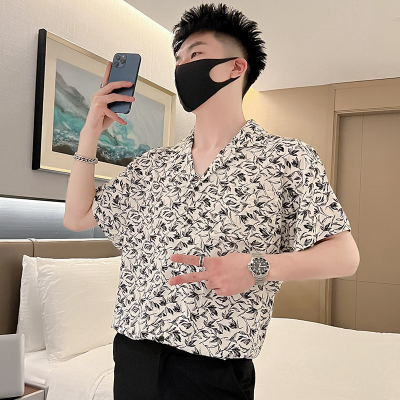 T48-P58夏季花衬衫男潮牌宽松五分袖2023新款中袖男装上衣短袖3,男装T恤,电商A257