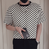 T60-P55黑色条纹T恤男潮牌痞帅炸街夏季2023新款男装重磅短袖3，男装T恤，电商A257