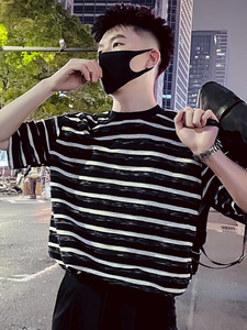 T86-P58 条纹T恤男夏季宽松短袖2023新款上衣潮牌潮流休闲半袖1,男装T恤,电商A257