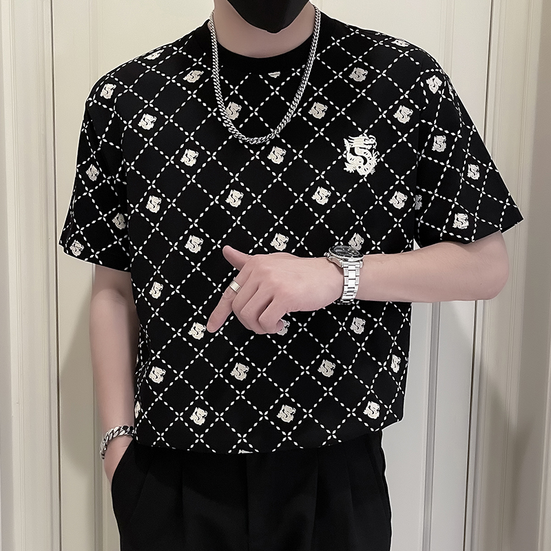 X33-P58夏季潮牌格子T恤男短袖潮流痞帅2024新款男装上衣服薄款，男装T恤，电商A257