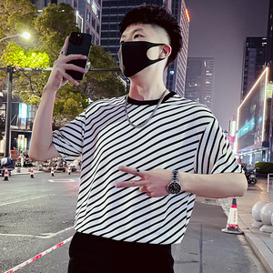 T60-P55 条纹短袖男夏季潮牌重磅七分袖上衣2023痞帅圆领半袖3图片
