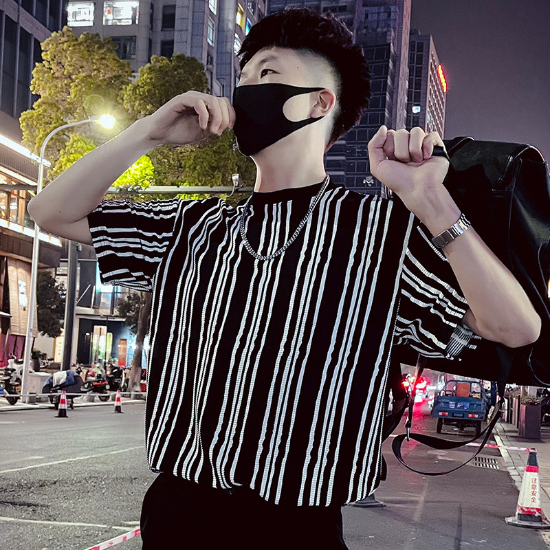 T53-P55条纹短袖夏季男款冰丝T恤七分袖男轻熟风潮牌圆领重磅,男装T恤,电商A257