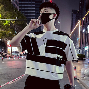 T93-P58 黑白拼接短袖T恤男夏季潮牌痞帅高级感轻熟风五分袖上衣图片