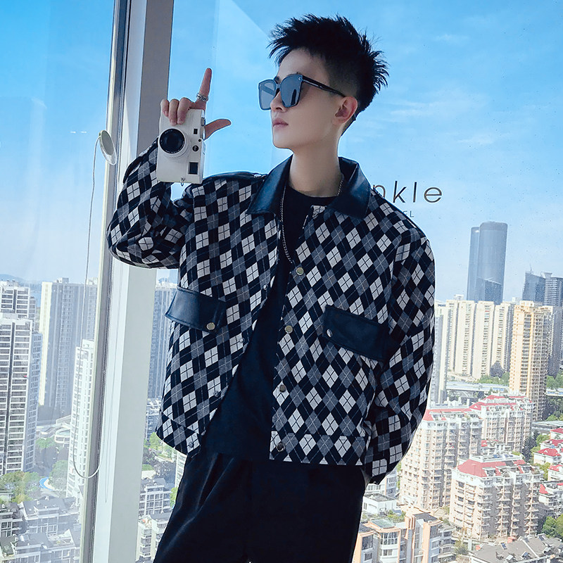 J09-P118高端潮流外套男秋季新款潮牌菱形格子拼皮夹克百搭上衣,男装夹克,电商A257