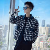J09-P118高端潮流外套男秋季新款潮牌菱形格子拼皮夹克百搭上衣1，男装夹克，电商A257