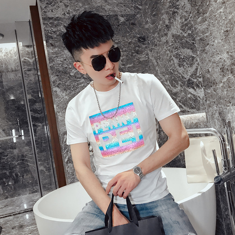T21-P40夏季潮流修身短袖个性印花半袖衫男时尚百搭反光T恤5,男装T恤,电商A257