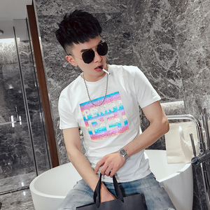 T21-P40  夏季潮流修身短袖个性印花半袖衫男时尚百搭反光T恤5图片