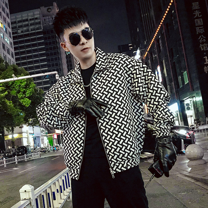 J37-P88新款男士外套百搭翻领黑白格子夹克潮牌潮流痞帅气秋1,男装夹克,电商A257