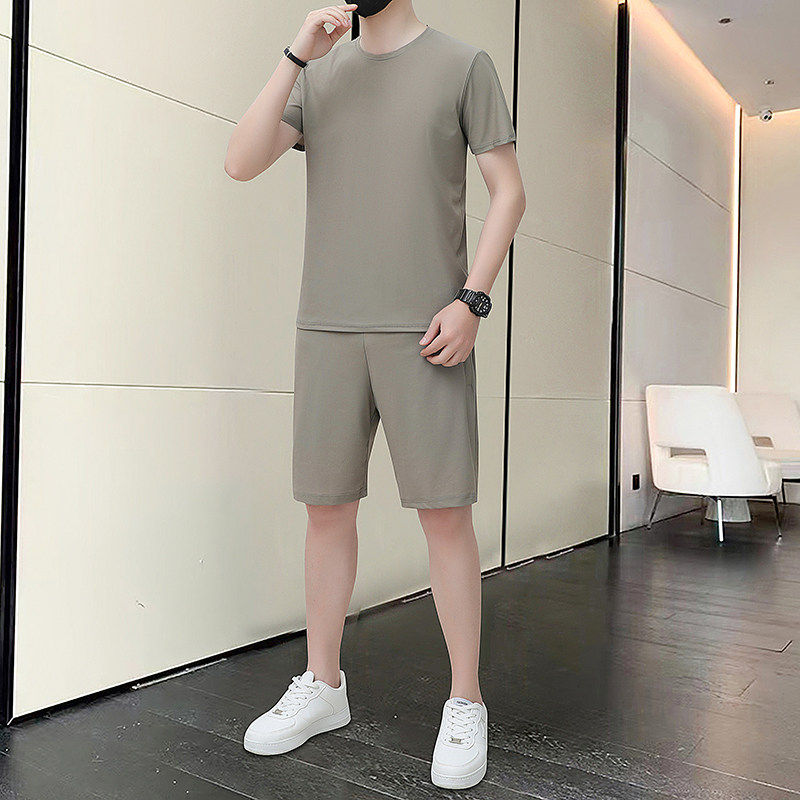 夏季新款男士冰丝休闲套装高端潮牌速干薄款透气短袖短裤两件套男
